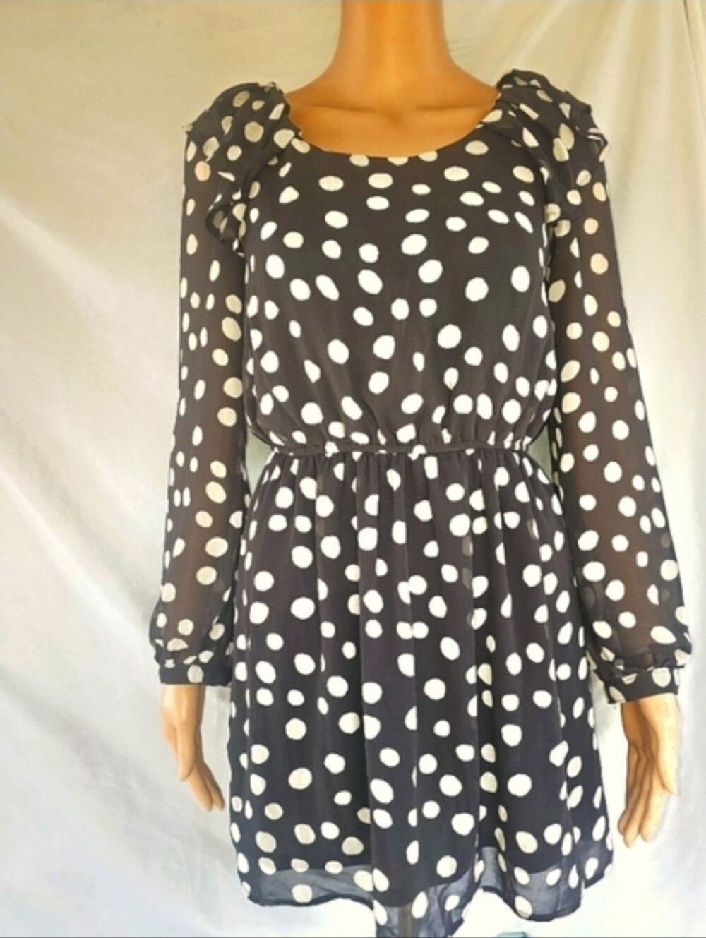 Polka Dot Long Sleeve Fit & Flare Dress - Black/White